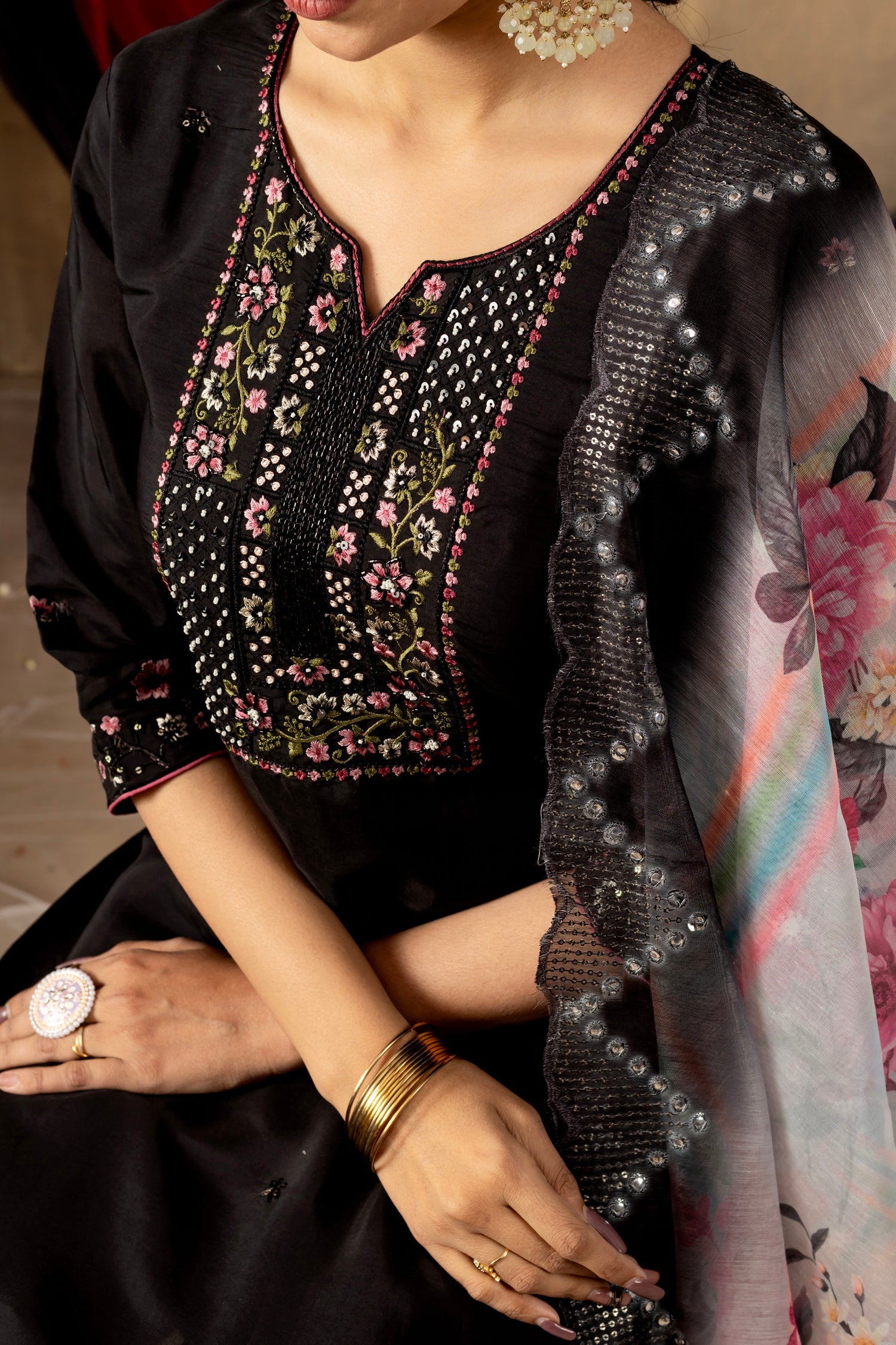 Lorenvalley Fashion Black Roman Silk Embroidery Sequins with Hand work Kurta Pant Dupatta - Distacart