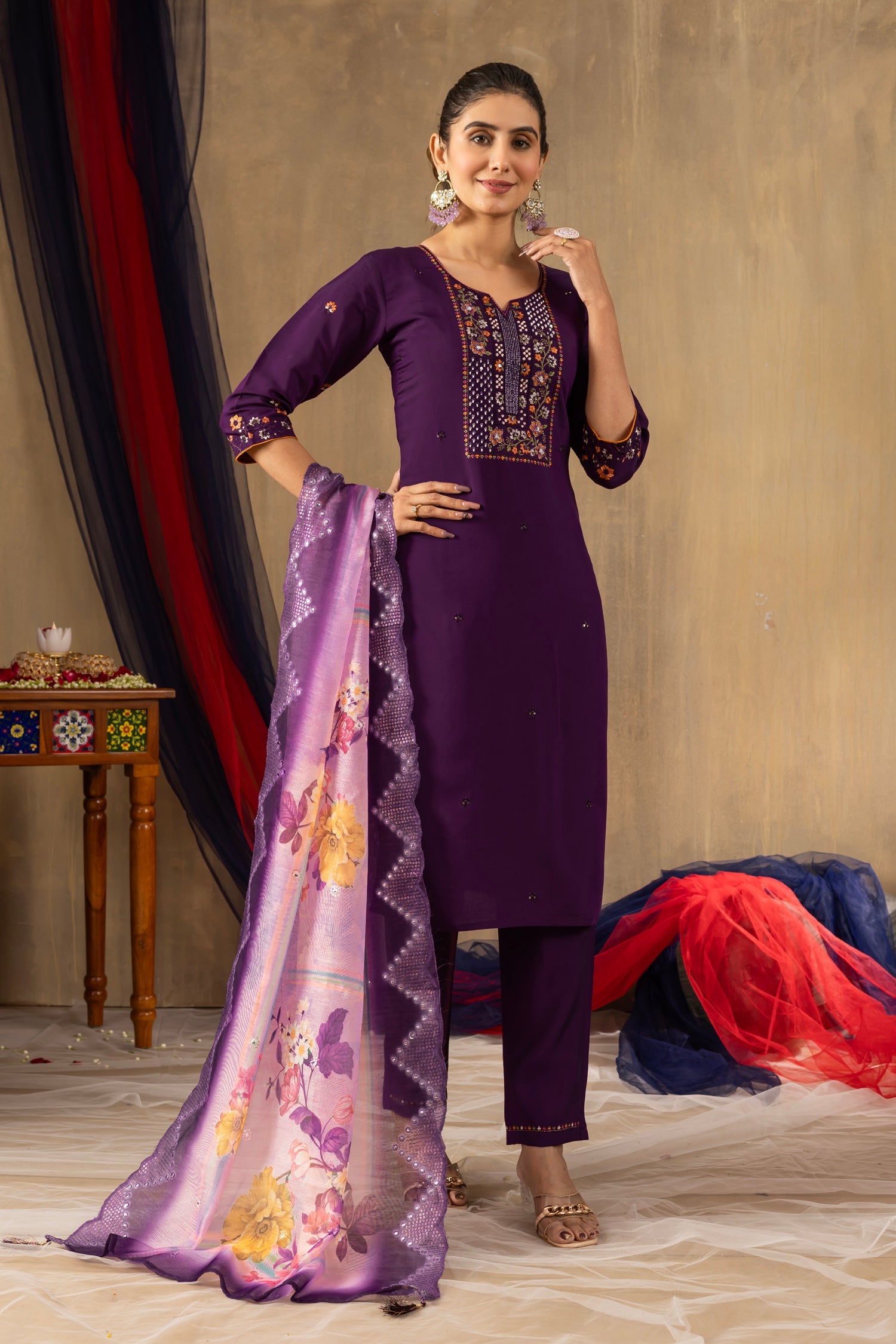 Lorenvalley Fashion Purple Roman Silk Embroidery Sequins with Hand work Kurta Pant Dupatta - Distacart