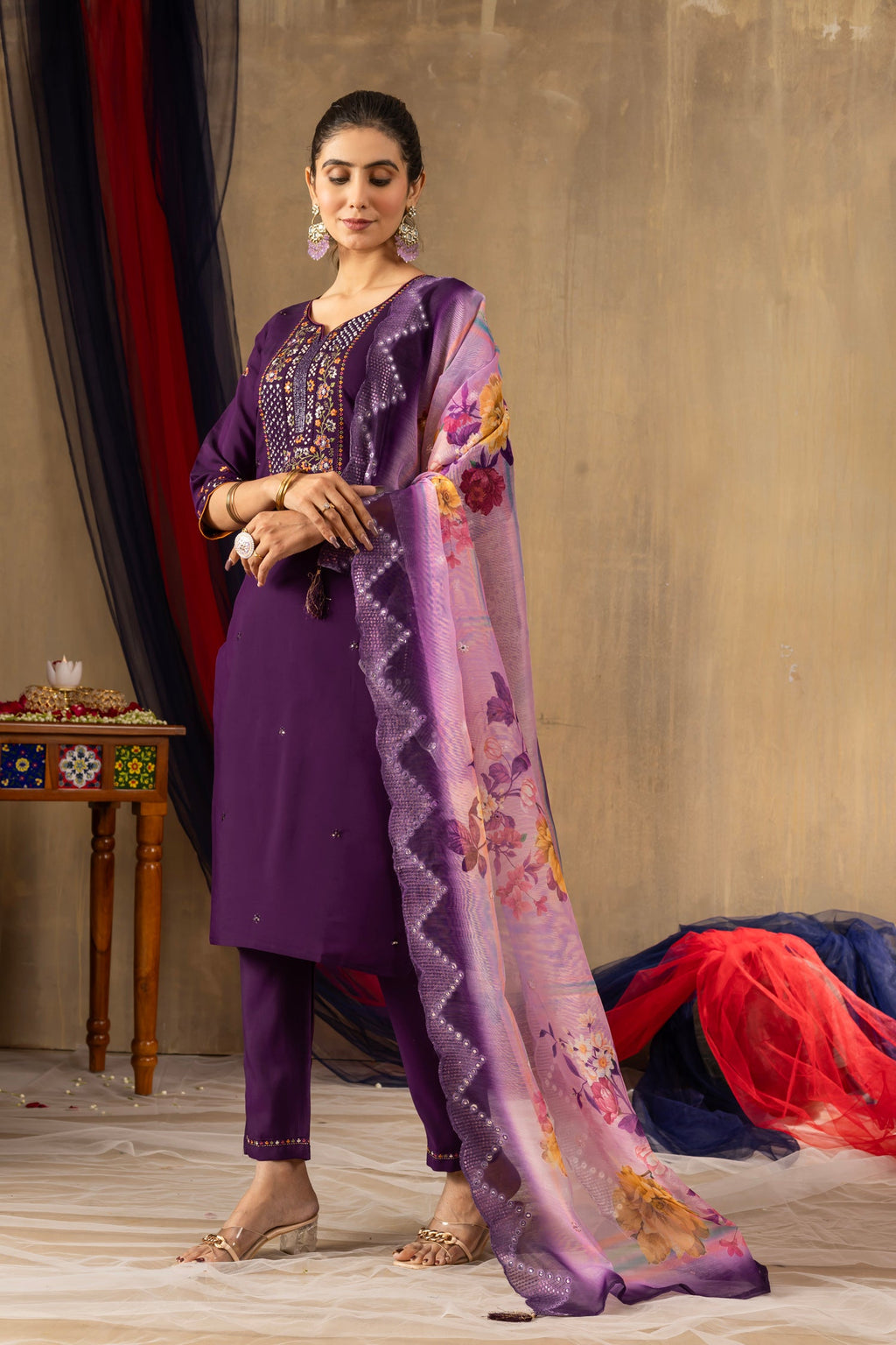 Lorenvalley Fashion Purple Roman Silk Embroidery Sequins with Hand work Kurta Pant Dupatta - Distacart