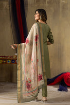 Lorenvalley Fashion Green Shimmer Gold Silk Multi Embroidery Thread With Hand Work Kurta Pant Dupatta - Distacart