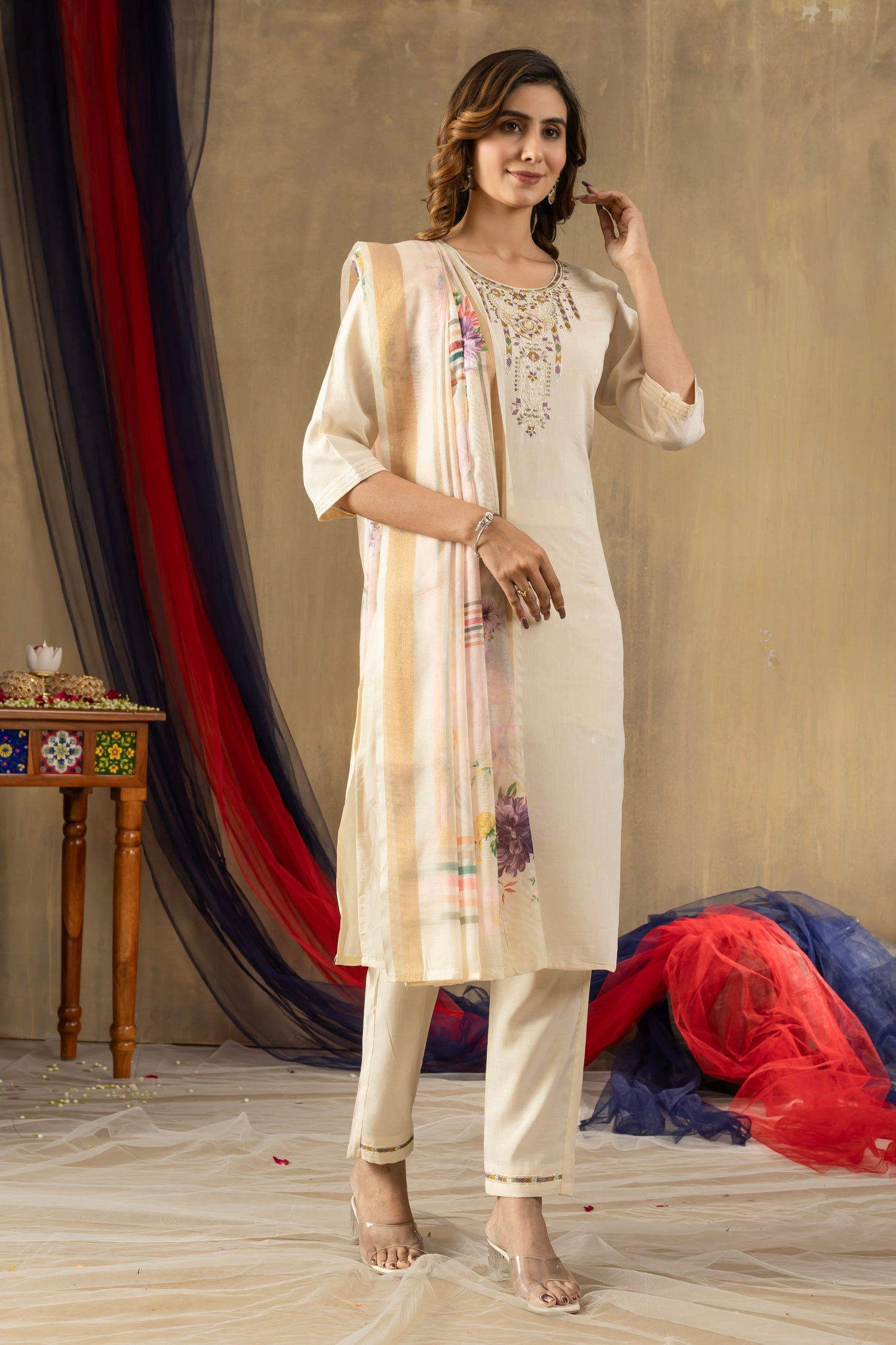Lorenvalley Fashion Offwhite Shimmer Gold Silk Multi Embroidery Thread With Hand Work Kurta Pant Dupatta - Distacart