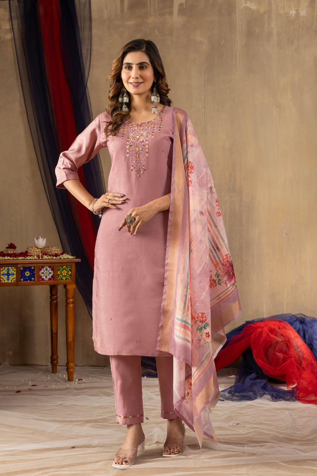 Lorenvalley Fashion Onionpink Shimmer Gold Silk Multi Embroidery Thread With Hand Work Kurta Pant Dupatta - Distacart