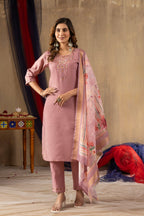 Lorenvalley Fashion Onionpink Shimmer Gold Silk Multi Embroidery Thread With Hand Work Kurta Pant Dupatta - Distacart