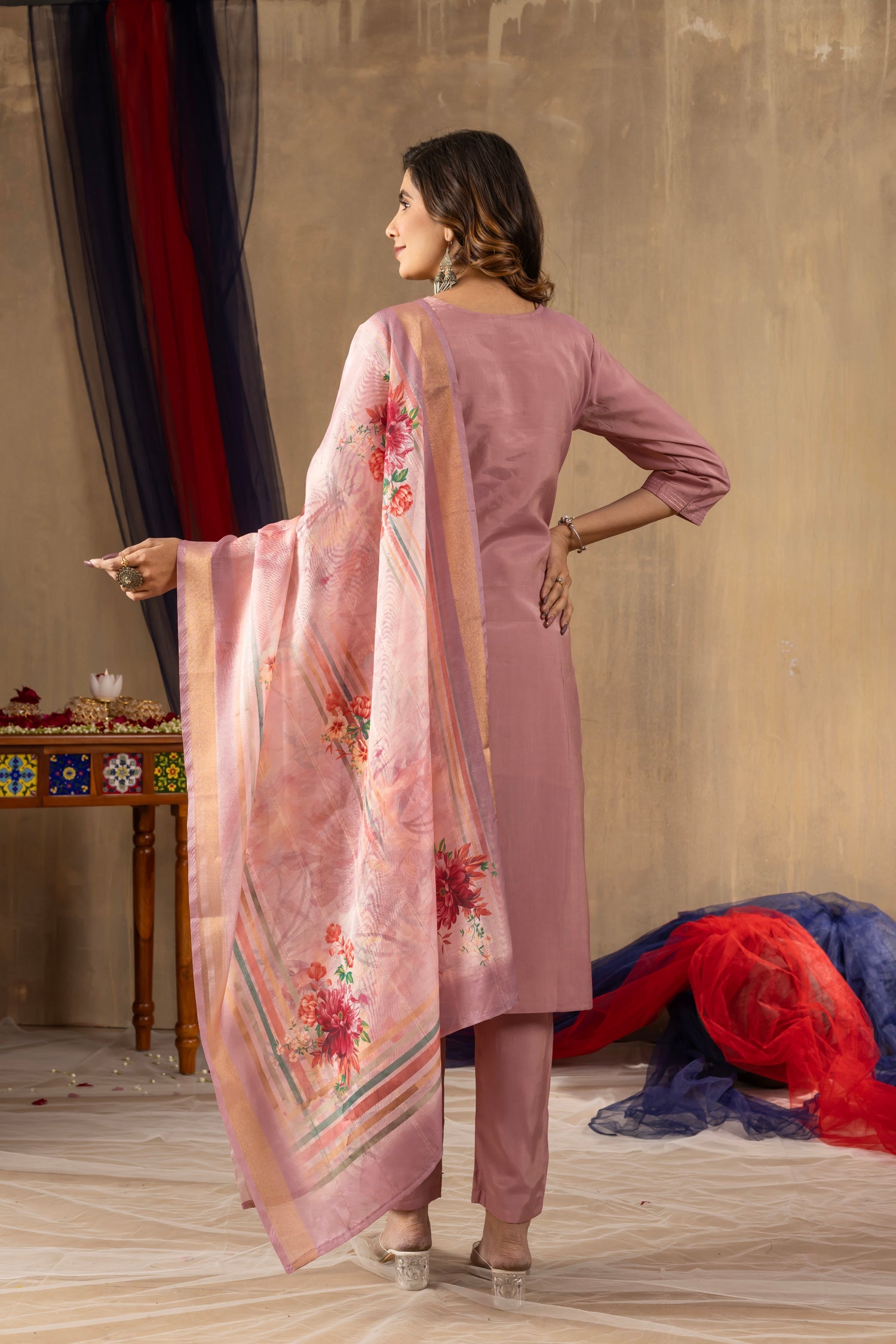 Lorenvalley Fashion Onionpink Shimmer Gold Silk Multi Embroidery Thread With Hand Work Kurta Pant Dupatta - Distacart