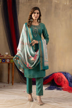 Lorenvalley Fashion Rama Shimmer Gold Silk Multi Embroidery Thread With Hand Work Kurta Pant Dupatta - Distacart