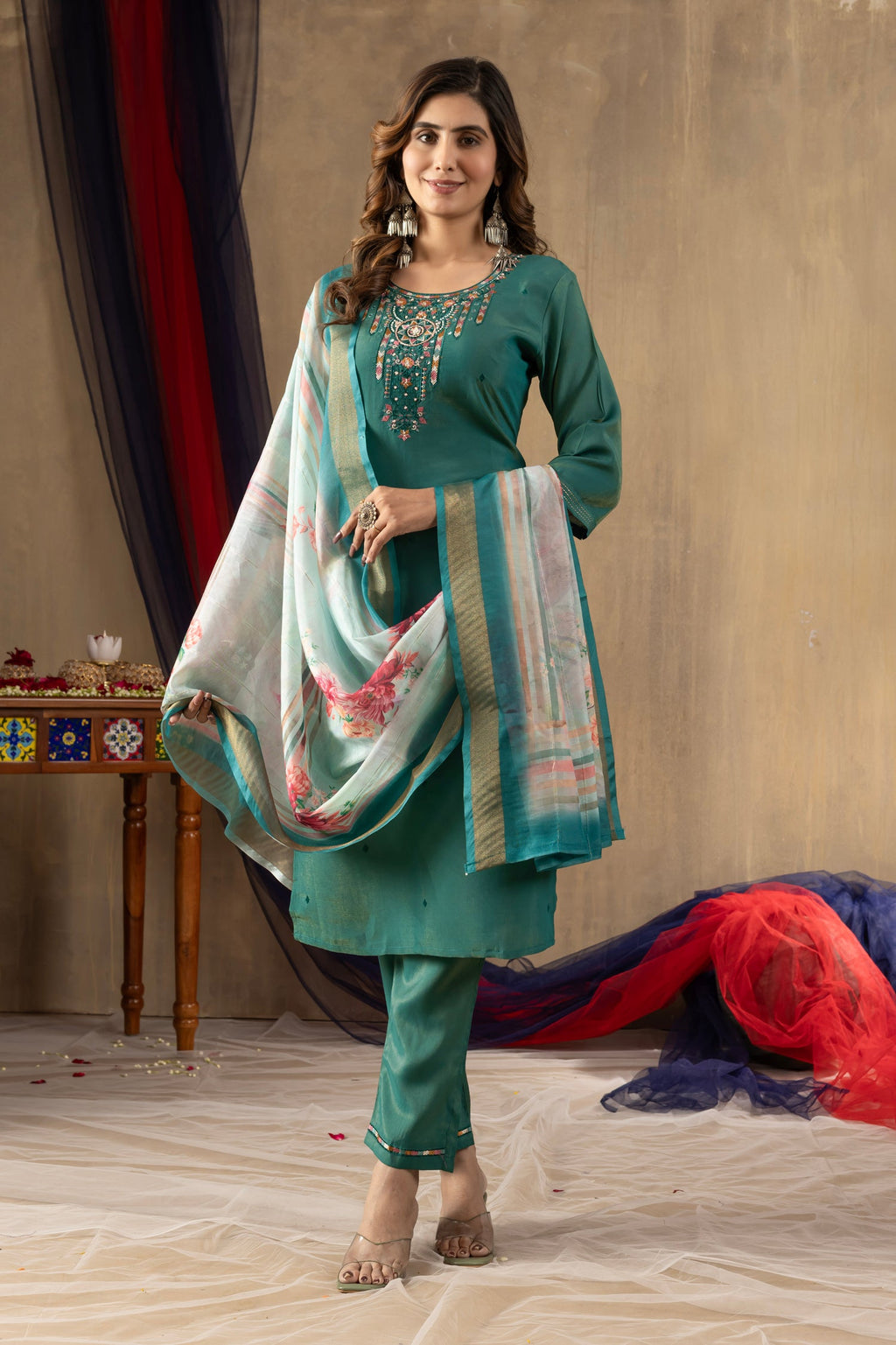 Lorenvalley Fashion Rama Shimmer Gold Silk Multi Embroidery Thread With Hand Work Kurta Pant Dupatta - Distacart
