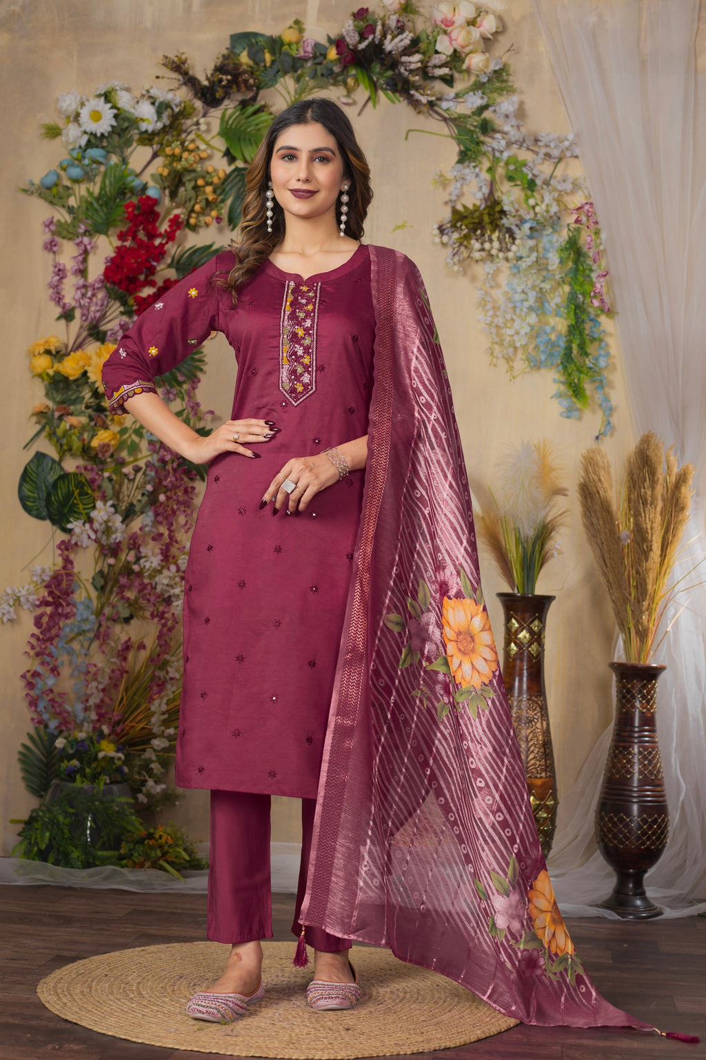Lorenvalley Fashion Cerise Roman Silk Multi Embroidery Thread With Hand Work Kurta Pant Dupatta - Distacart