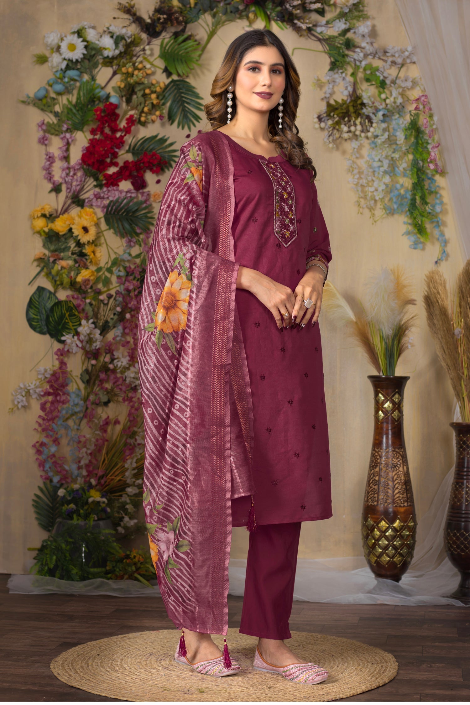 Lorenvalley Fashion Cerise Roman Silk Multi Embroidery Thread With Hand Work Kurta Pant Dupatta - Distacart
