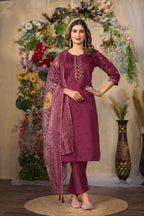 Lorenvalley Fashion Cerise Roman Silk Multi Embroidery Thread With Hand Work Kurta Pant Dupatta - Distacart