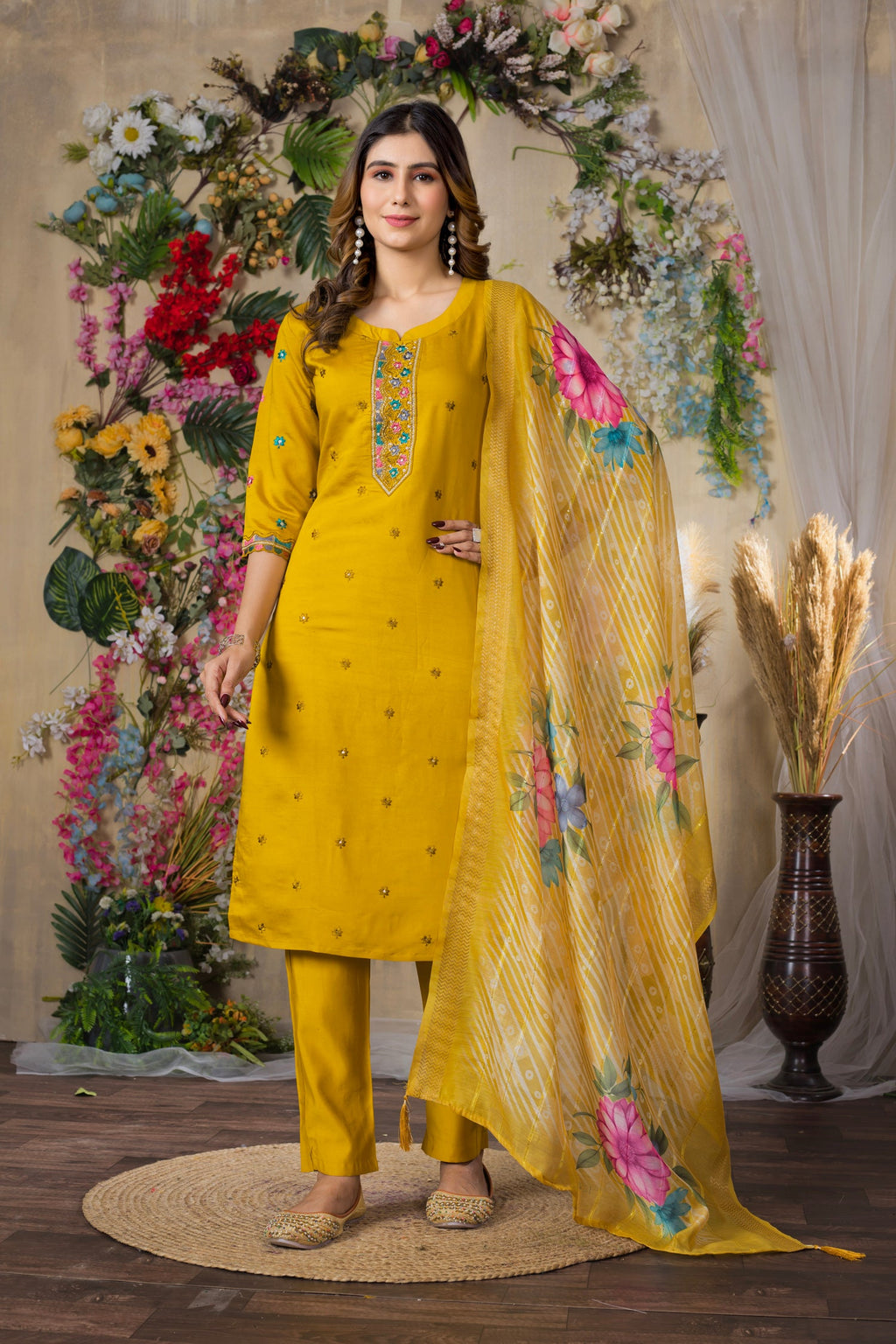 Lorenvalley Fashion Mustrad Roman Silk Multi Embroidery Thread With Hand Work Kurta Pant Dupatta - Distacart