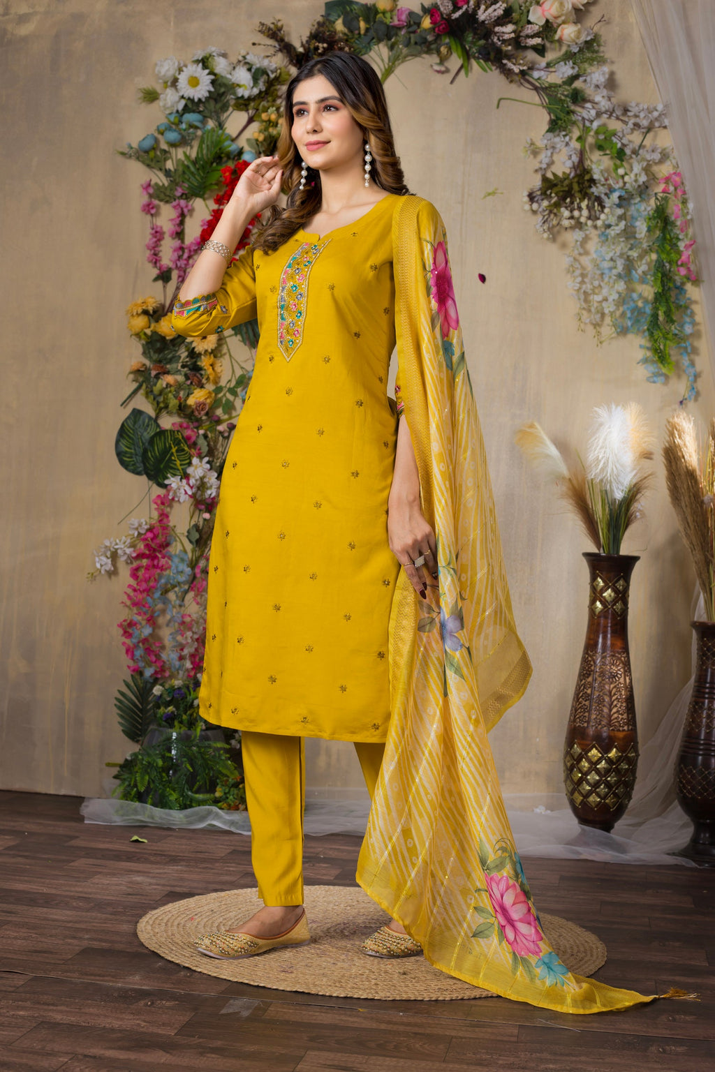 Lorenvalley Fashion Mustrad Roman Silk Multi Embroidery Thread With Hand Work Kurta Pant Dupatta - Distacart