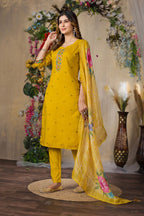 Lorenvalley Fashion Mustrad Roman Silk Multi Embroidery Thread With Hand Work Kurta Pant Dupatta - Distacart