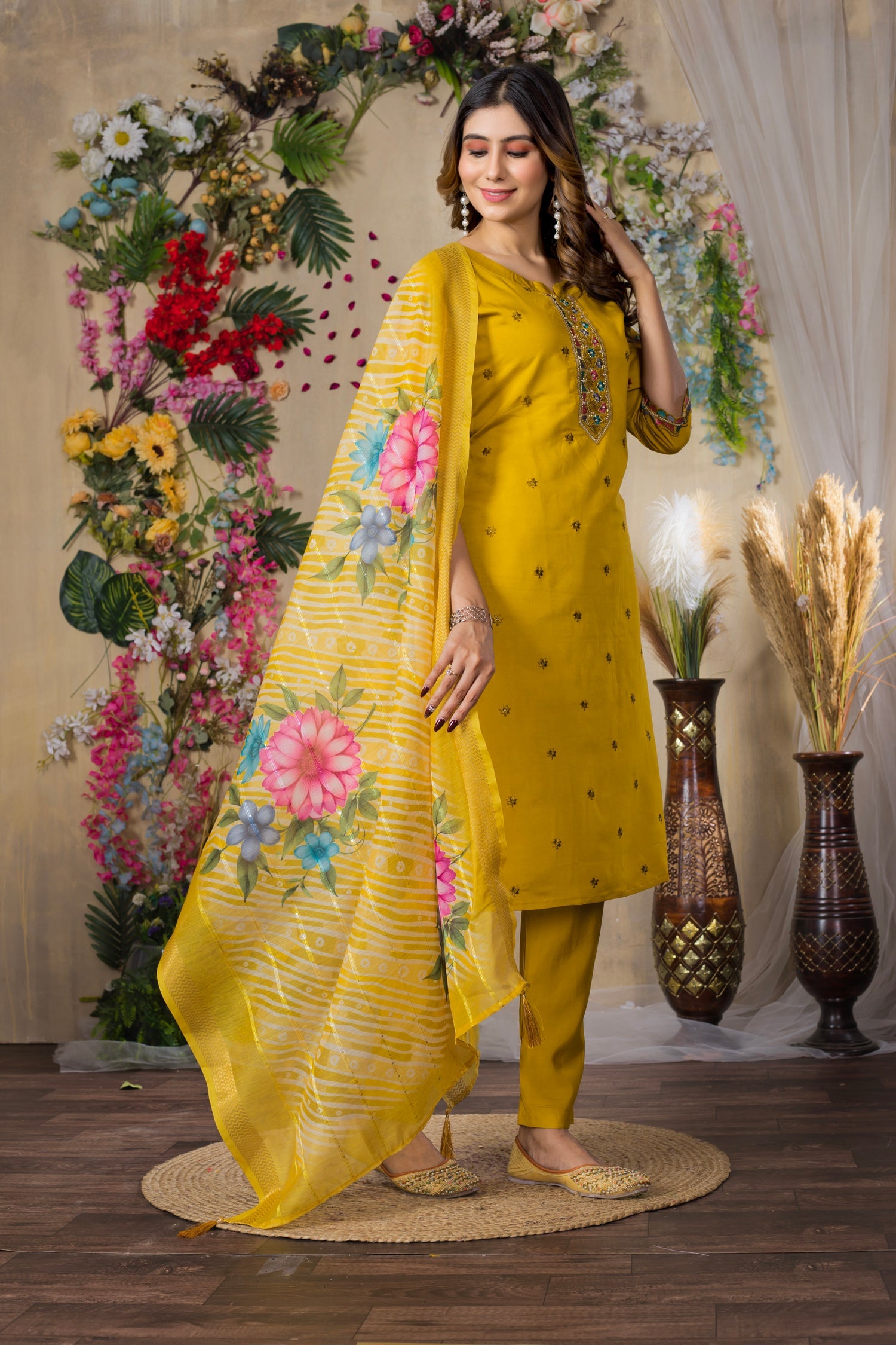 Lorenvalley Fashion Mustrad Roman Silk Multi Embroidery Thread With Hand Work Kurta Pant Dupatta - Distacart
