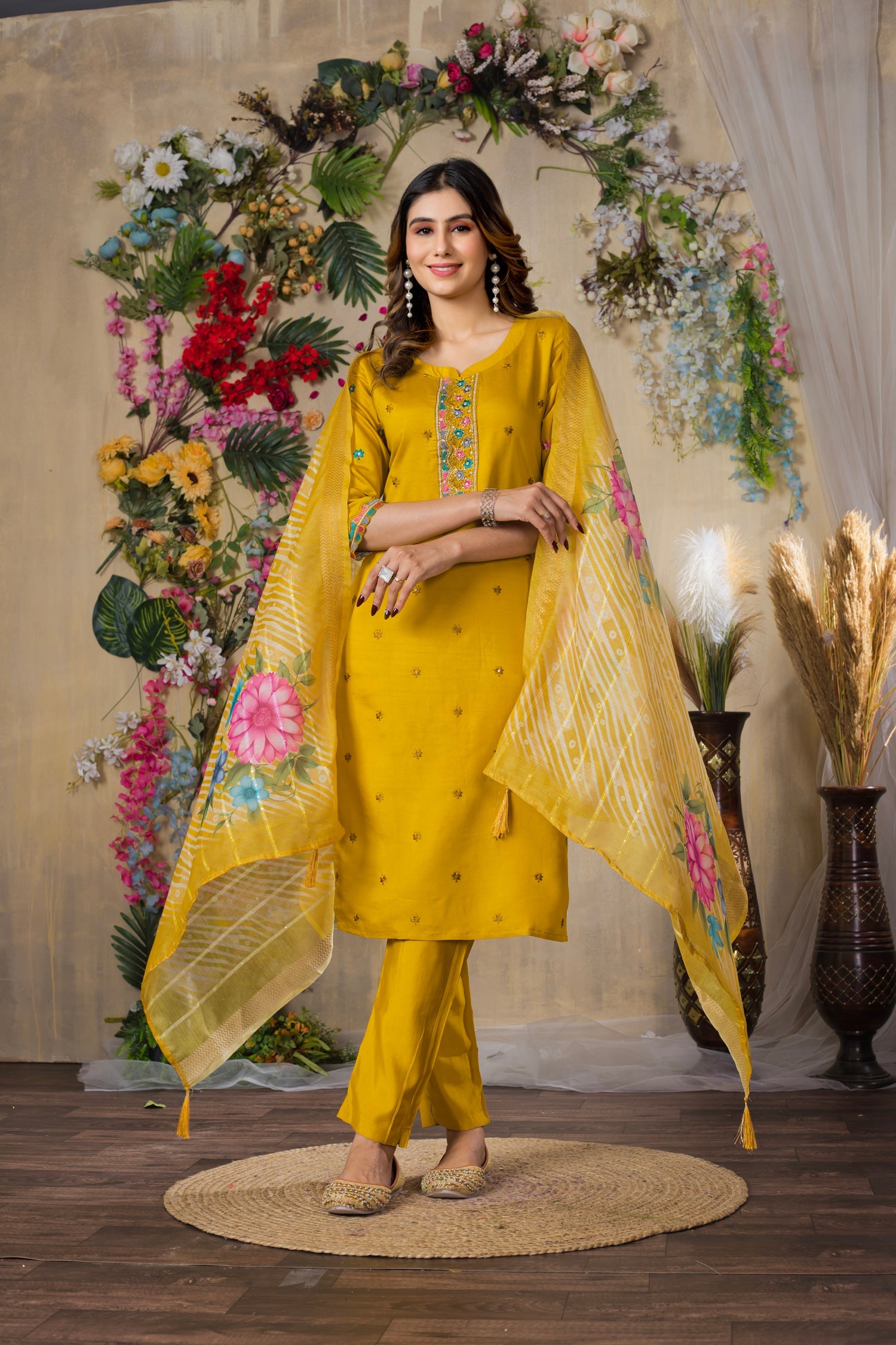 Lorenvalley Fashion Mustrad Roman Silk Multi Embroidery Thread With Hand Work Kurta Pant Dupatta - Distacart