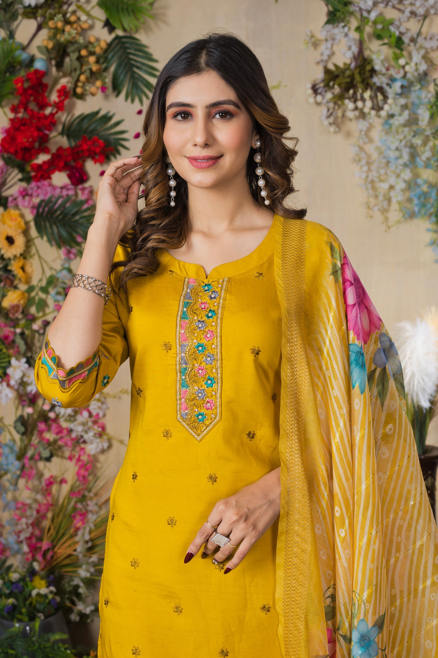 Lorenvalley Fashion Mustrad Roman Silk Multi Embroidery Thread With Hand Work Kurta Pant Dupatta - Distacart