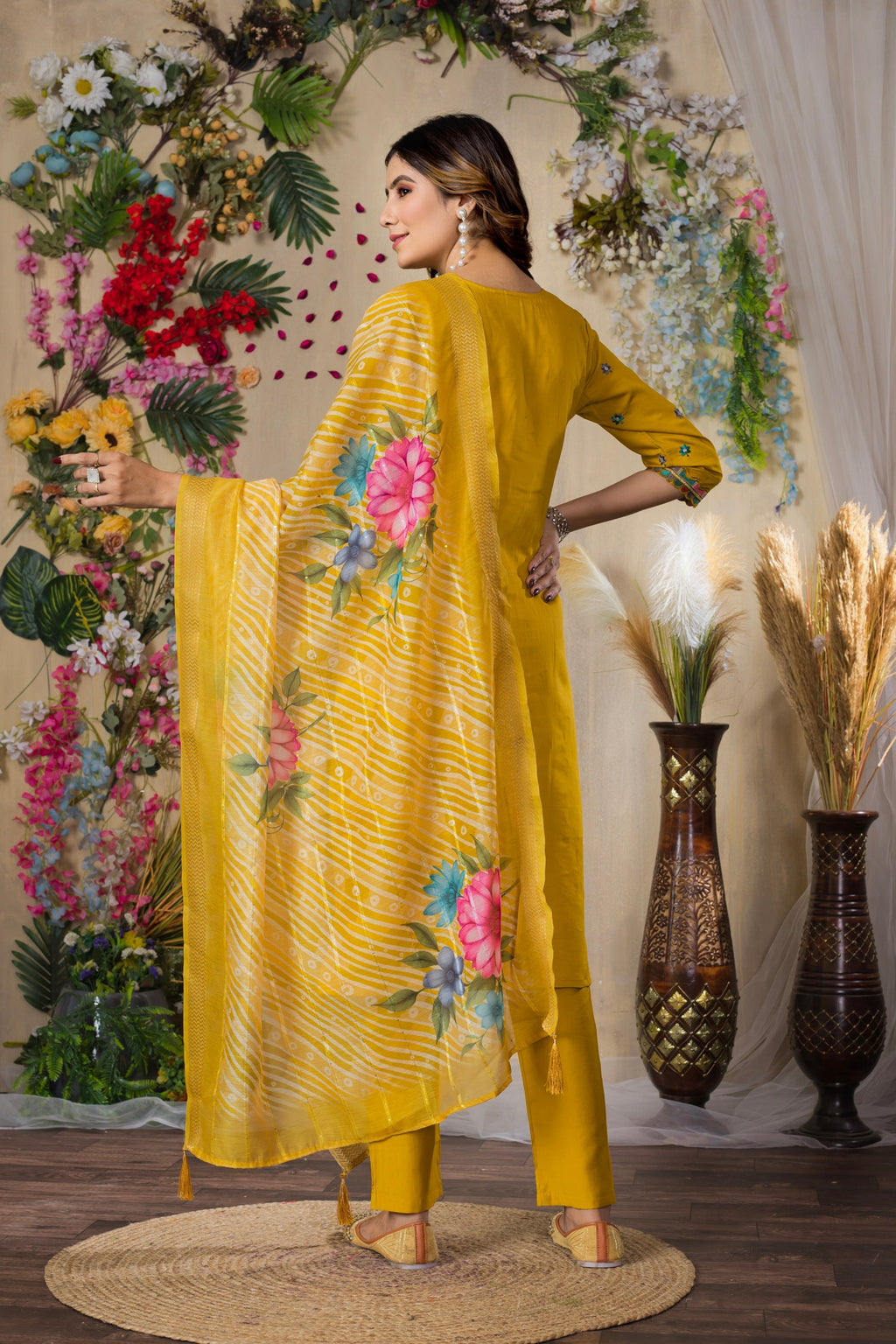 Lorenvalley Fashion Mustrad Roman Silk Multi Embroidery Thread With Hand Work Kurta Pant Dupatta - Distacart