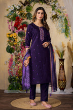 Lorenvalley Fashion Purple Roman Silk Multi Embroidery Thread With Hand Work Kurta Pant Dupatta - Distacart