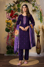 Lorenvalley Fashion Purple Roman Silk Multi Embroidery Thread With Hand Work Kurta Pant Dupatta - Distacart