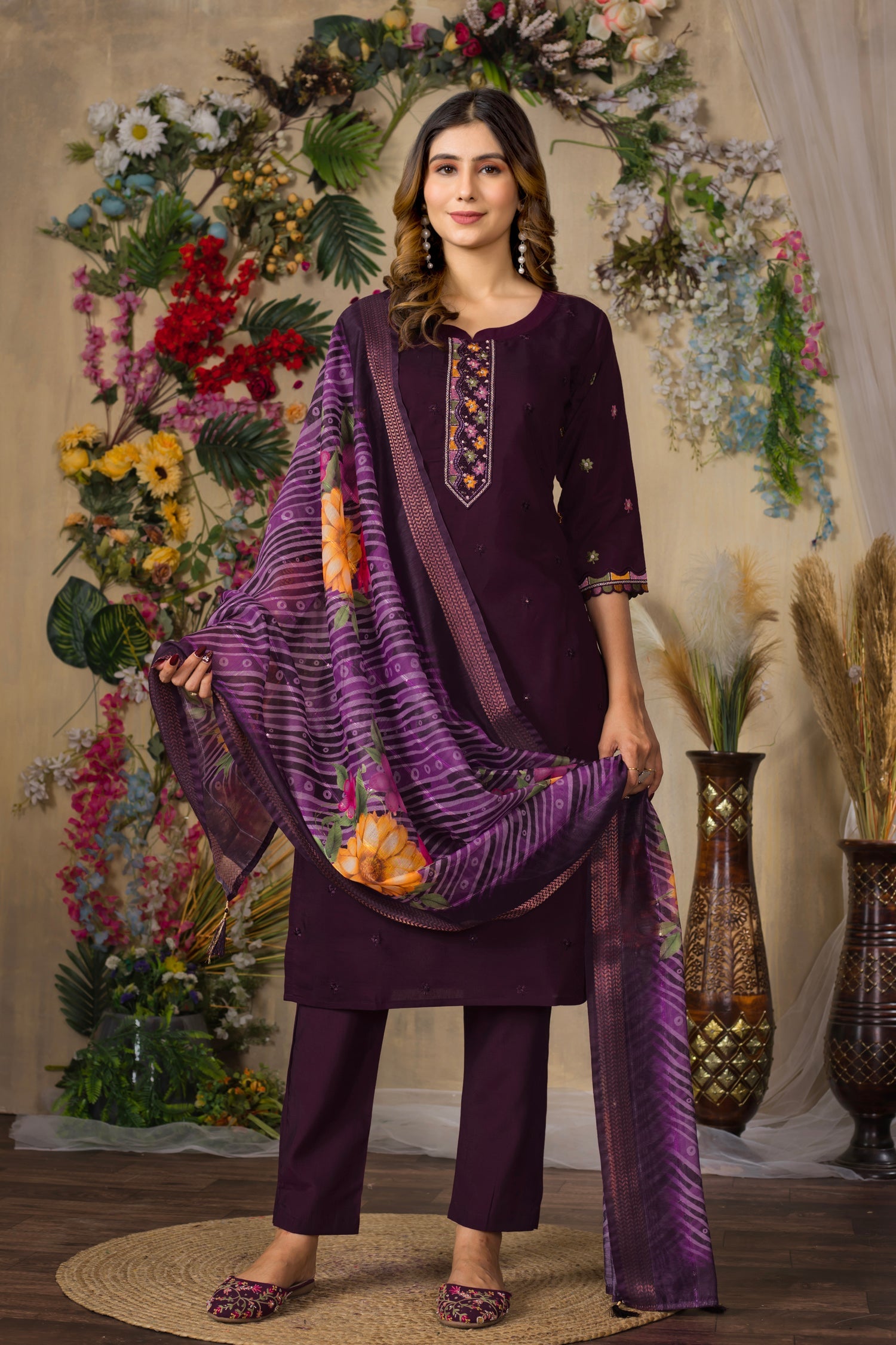 Lorenvalley Fashion Wine Roman Silk Multi Embroidery Thread With Hand Work Kurta Pant Dupatta - Distacart