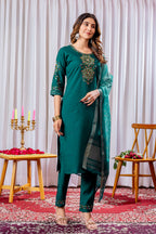 Lorenvalley Fashion Green Viscose Silk Embroidery Thread With Hand Work Kurta Pant Dupatta - Distacart