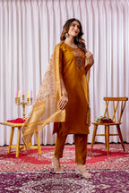 Lorenvalley Fashion Mustard Viscose Silk Embroidery Thread With Hand Work Kurta Pant Dupatta - Distacart