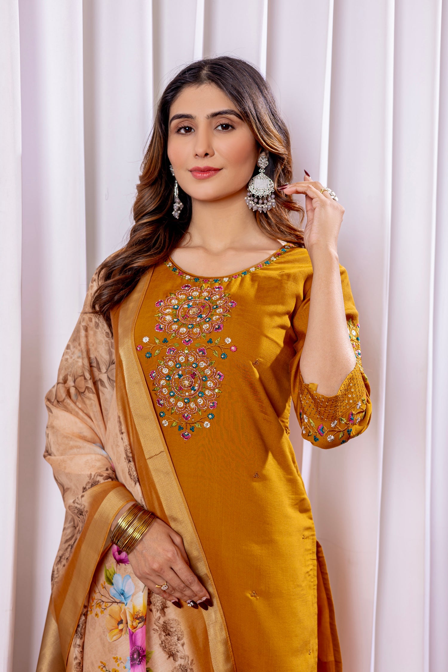 Lorenvalley Fashion Mustard Viscose Silk Embroidery Thread With Hand Work Kurta Pant Dupatta - Distacart