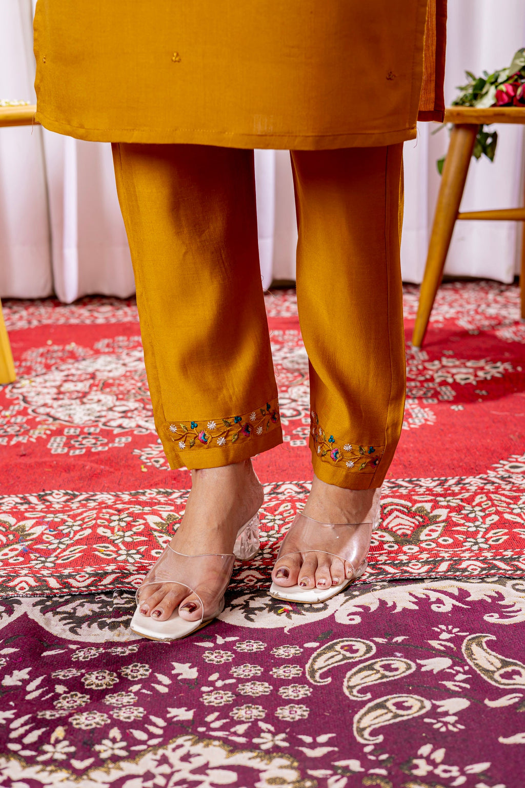 Lorenvalley Fashion Mustard Viscose Silk Embroidery Thread With Hand Work Kurta Pant Dupatta - Distacart