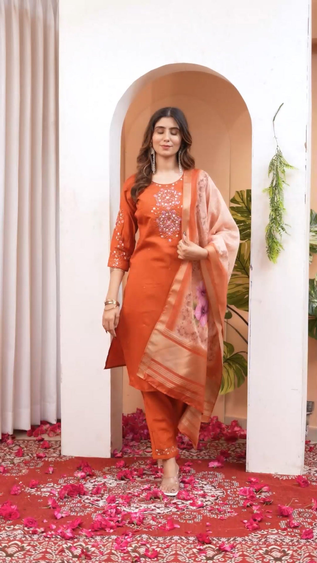 Lorenvalley Fashion Orange Viscose Silk Embroidery Thread With Hand Work Kurta Pant Dupatta - Distacart