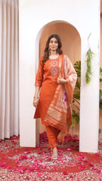 Lorenvalley Fashion Orange Viscose Silk Embroidery Thread With Hand Work Kurta Pant Dupatta - Distacart