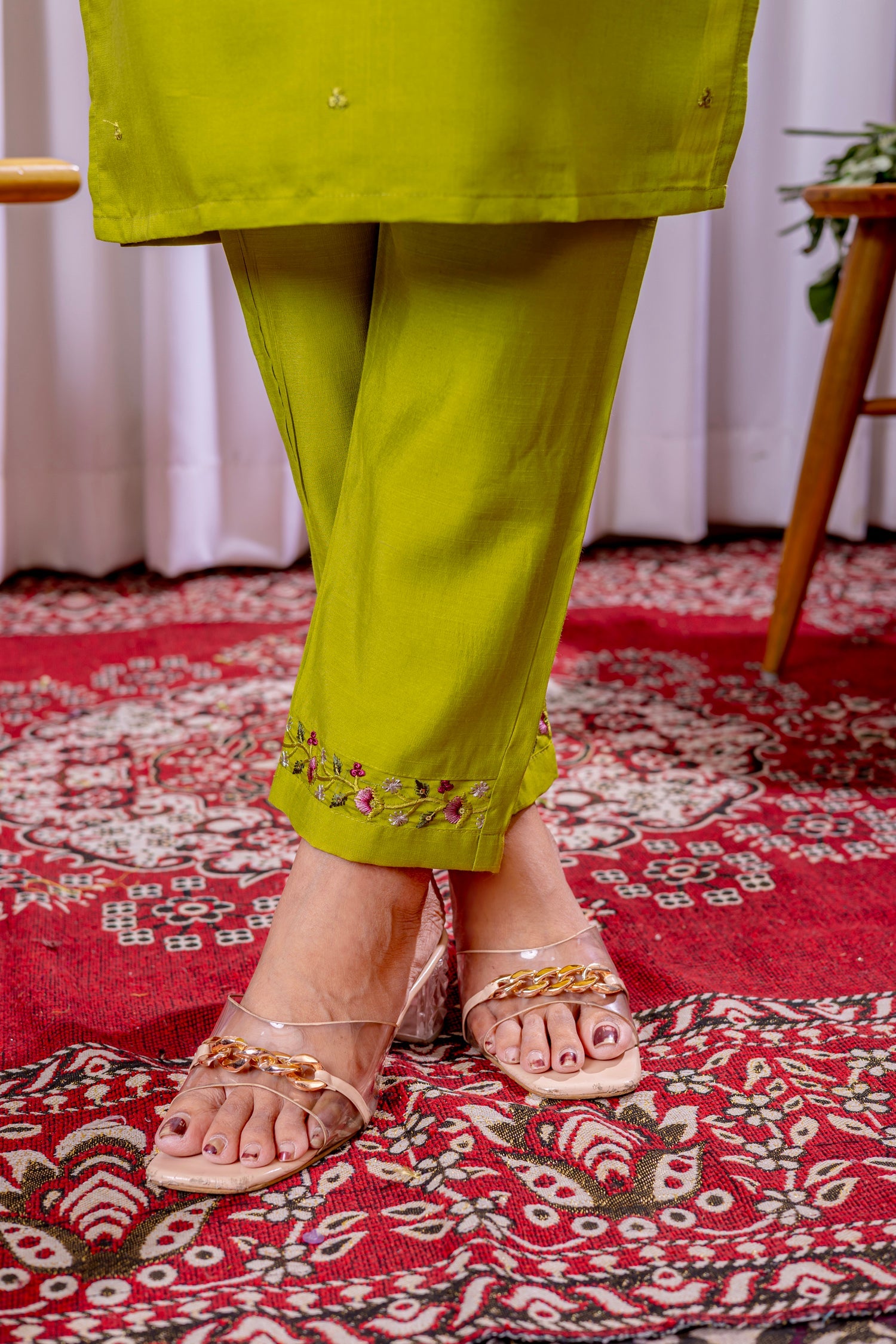 Lorenvalley Fashion Parrotgreen Viscose Silk Embroidery Thread With Hand Work Kurta Pant Dupatta - Distacart