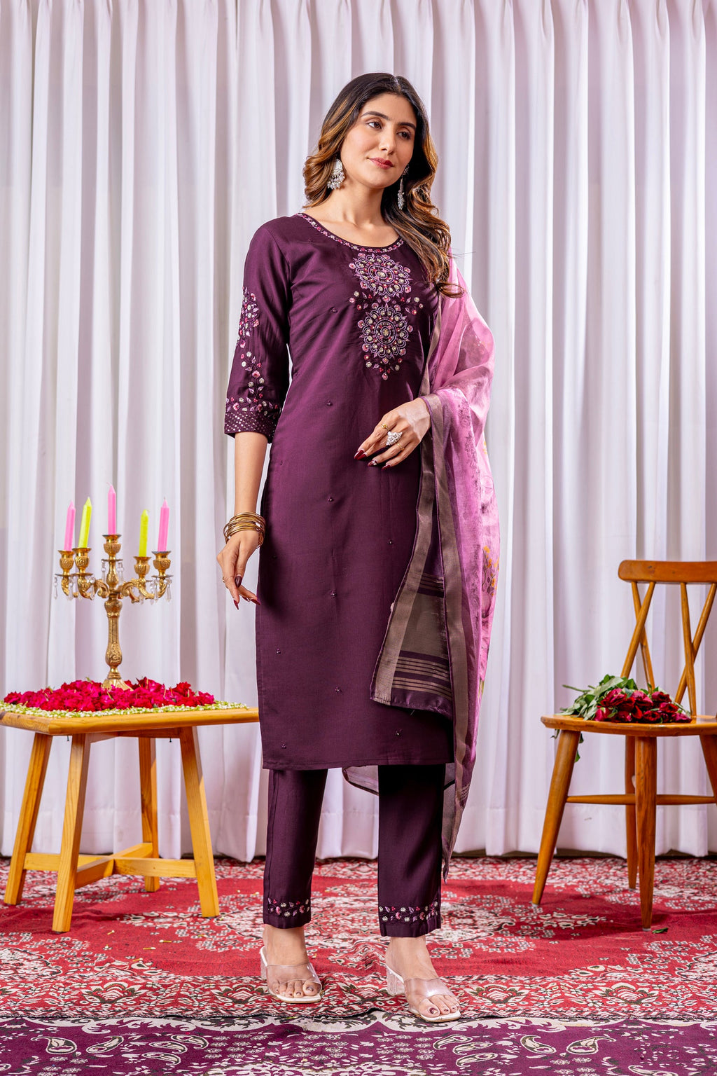 Lorenvalley Fashion Wine Viscose Silk Embroidery Thread With Hand Work Kurta Pant Dupatta - Distacart