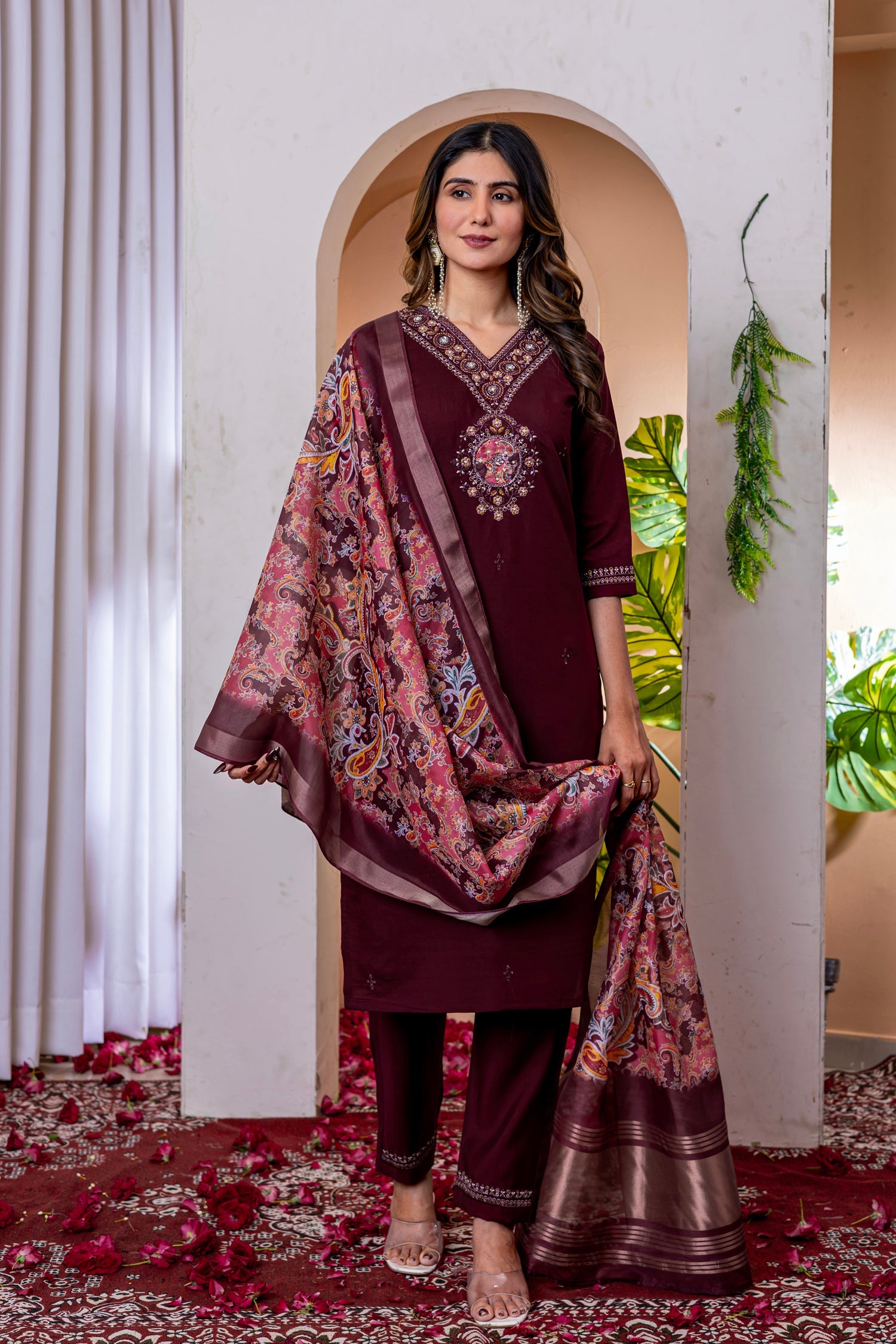 Lorenvalley Fashion Wine Marina Viscose Silk Embroidery Thread With Hand Work Kurta Pant Dupatta - Distacart