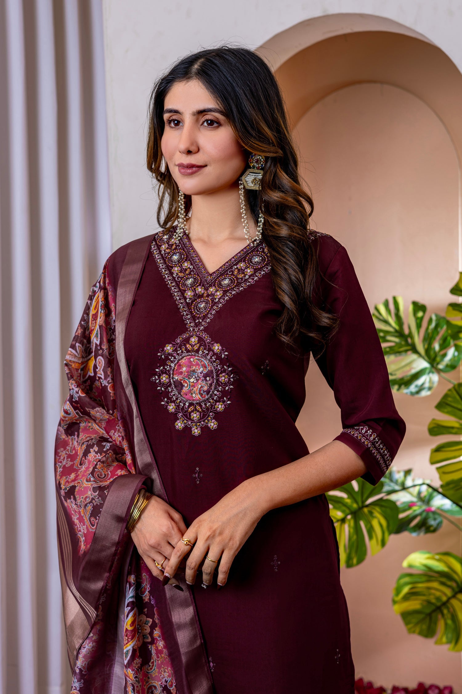 Lorenvalley Fashion Wine Marina Viscose Silk Embroidery Thread With Hand Work Kurta Pant Dupatta - Distacart
