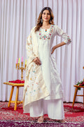Lorenvalley Fashion White Mango Silk Multi Embroidery Thread,With Hand Work Kurta Palazzo Dupatta - Distacart