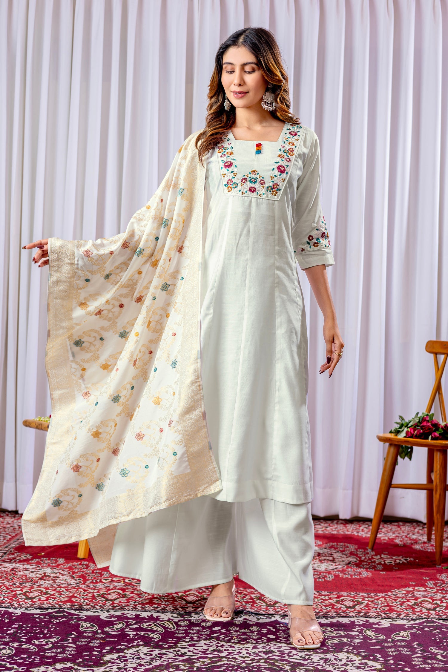 Lorenvalley Fashion White Mango Silk Multi Embroidery Thread,With Hand Work Kurta Palazzo Dupatta - Distacart