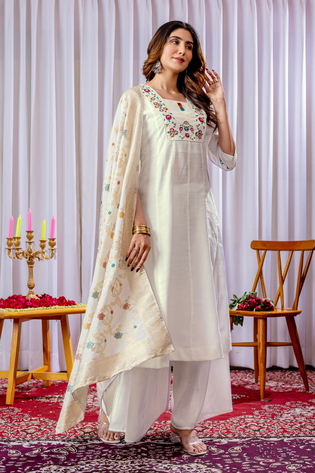 Lorenvalley Fashion White Mango Silk Multi Embroidery Thread,With Hand Work Kurta Palazzo Dupatta - Distacart