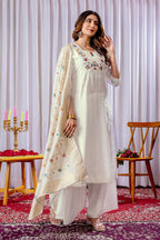 Lorenvalley Fashion White Mango Silk Multi Embroidery Thread,With Hand Work Kurta Palazzo Dupatta - Distacart