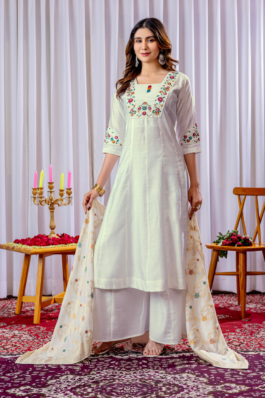 Lorenvalley Fashion White Mango Silk Multi Embroidery Thread,With Hand Work Kurta Palazzo Dupatta - Distacart