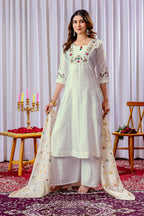 Lorenvalley Fashion White Mango Silk Multi Embroidery Thread,With Hand Work Kurta Palazzo Dupatta - Distacart