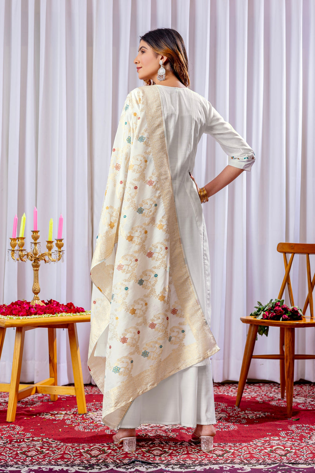 Lorenvalley Fashion White Mango Silk Multi Embroidery Thread,With Hand Work Kurta Palazzo Dupatta - Distacart