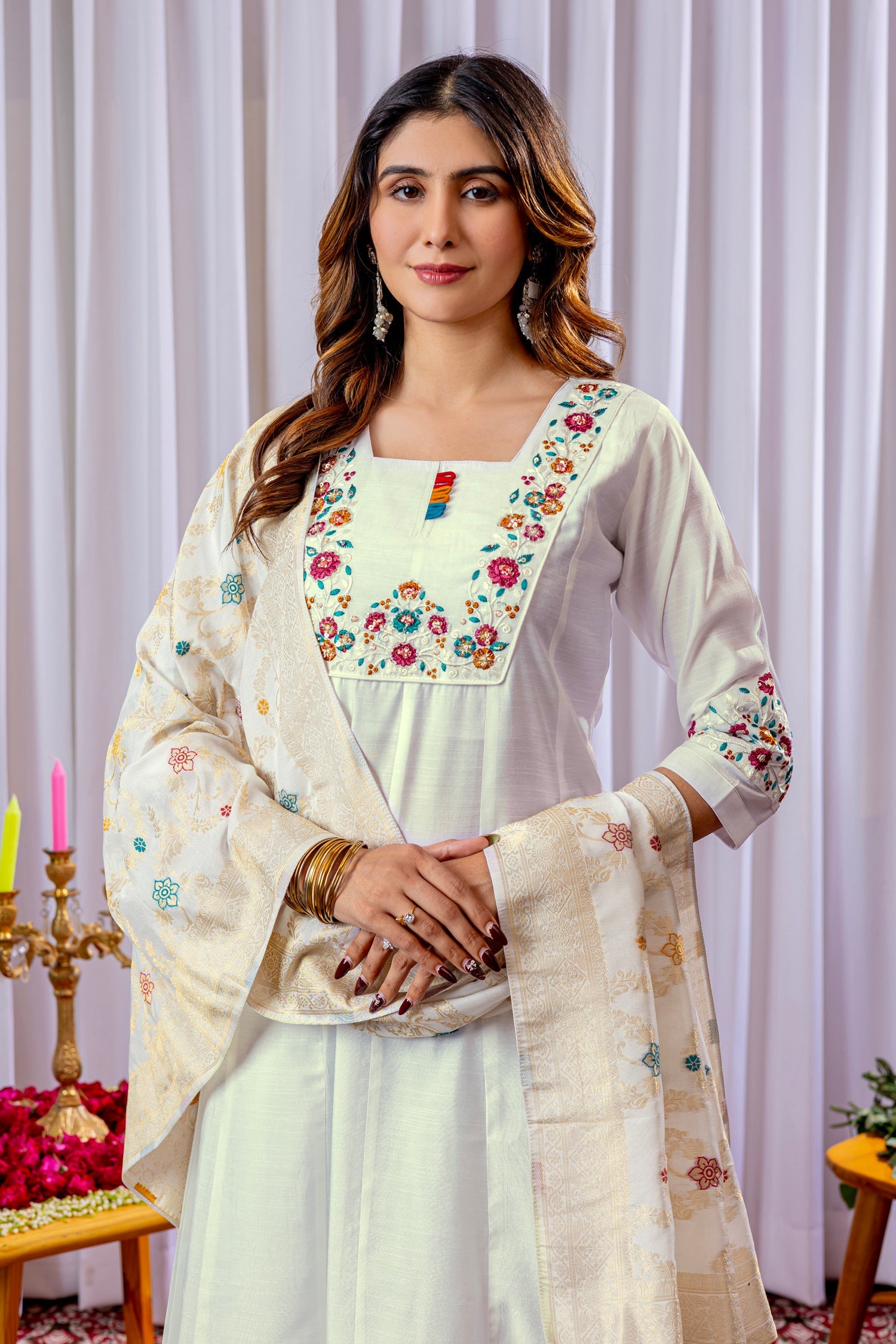 Lorenvalley Fashion White Mango Silk Multi Embroidery Thread,With Hand Work Kurta Palazzo Dupatta - Distacart
