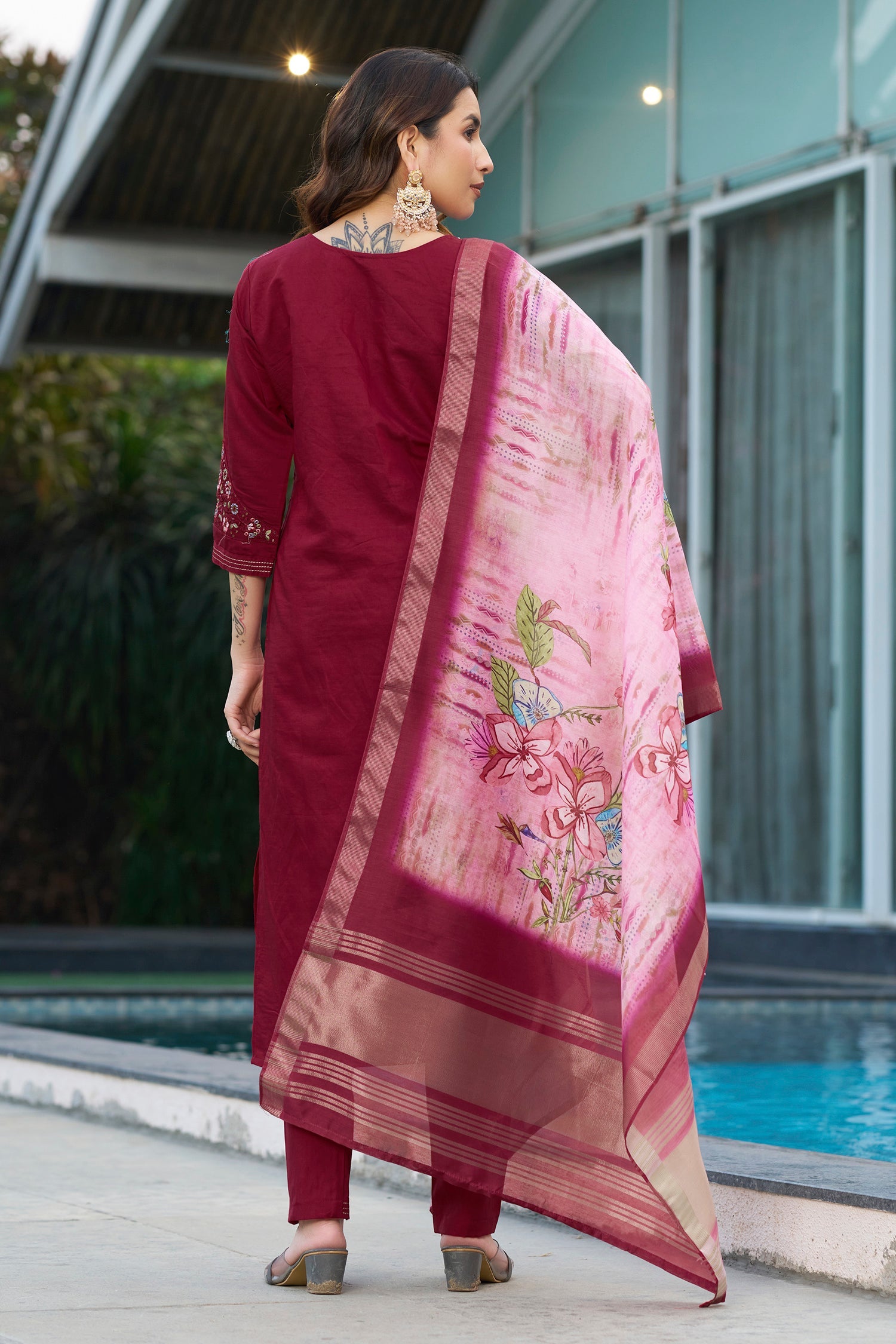 Lorenvalley Fashion Maroon Viscose Silk Multi Embroidery Thread,With Hand Work Kurta Pant Dupatta - Distacart