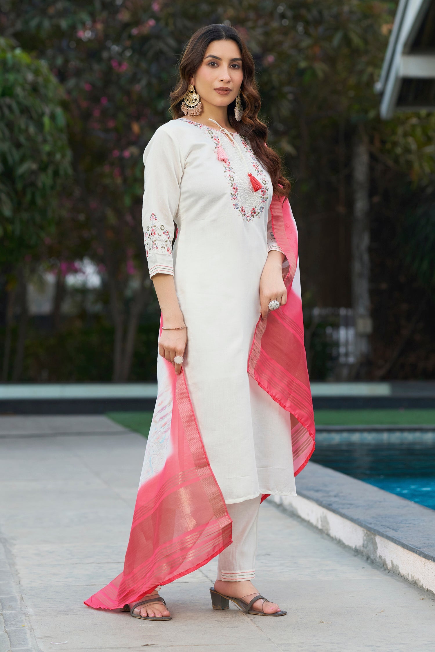 Lorenvalley Fashion White Viscose Silk Multi Embroidery Thread,With Hand Work Kurta Pant Dupatta - Distacart
