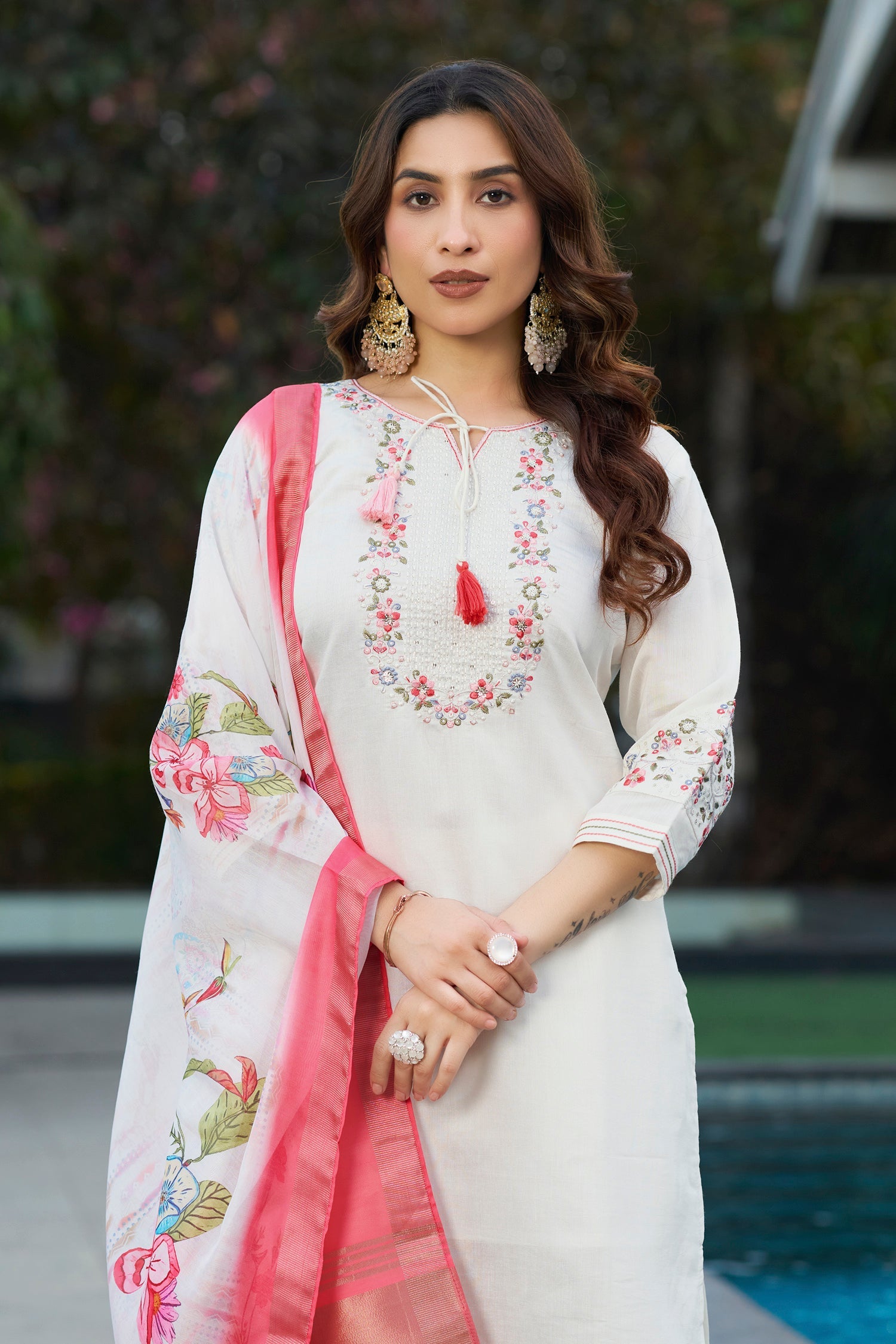 Lorenvalley Fashion White Viscose Silk Multi Embroidery Thread,With Hand Work Kurta Pant Dupatta - Distacart