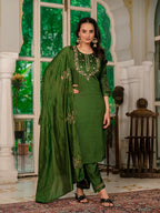 Lorenvalley Fashion Green Marina Silk Multi Embroidery Thread,With Hand Work Kurta Pant Dupatta - Distacart