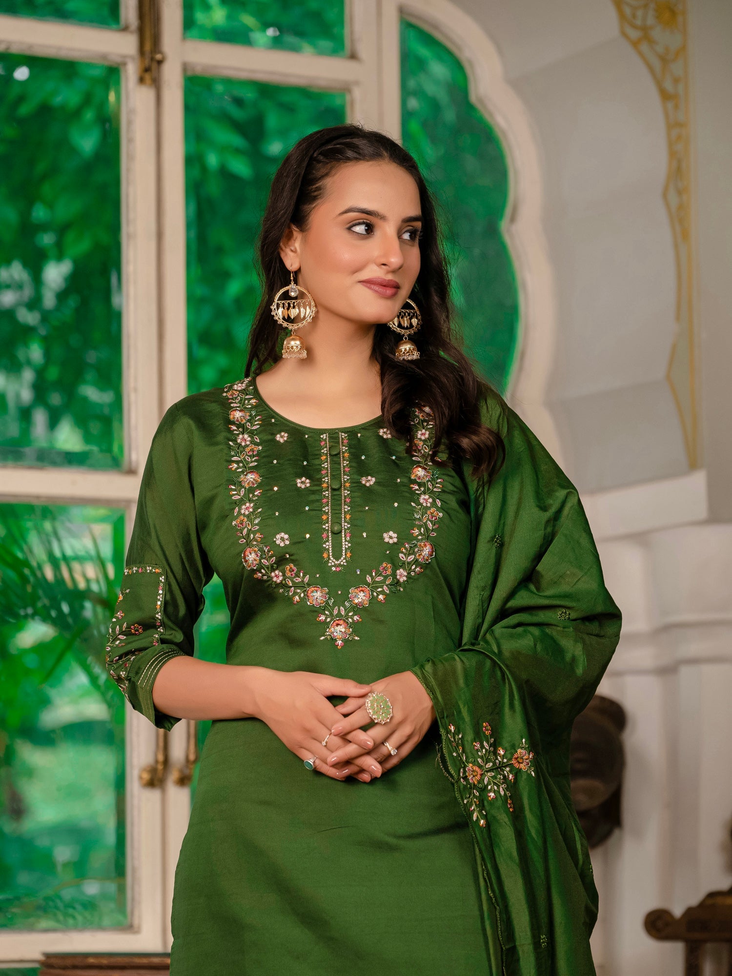 Lorenvalley Fashion Green Marina Silk Multi Embroidery Thread,With Hand Work Kurta Pant Dupatta - Distacart