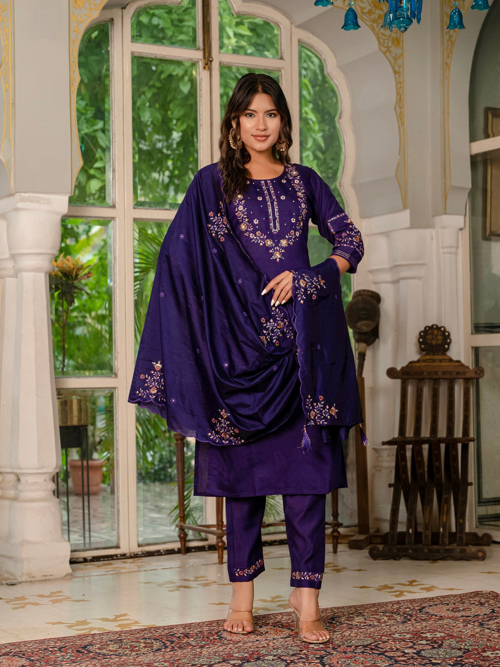 Lorenvalley Fashion Wine Marina Silk Multi Embroidery Thread,With Hand Work Kurta Pant Dupatta - Distacart