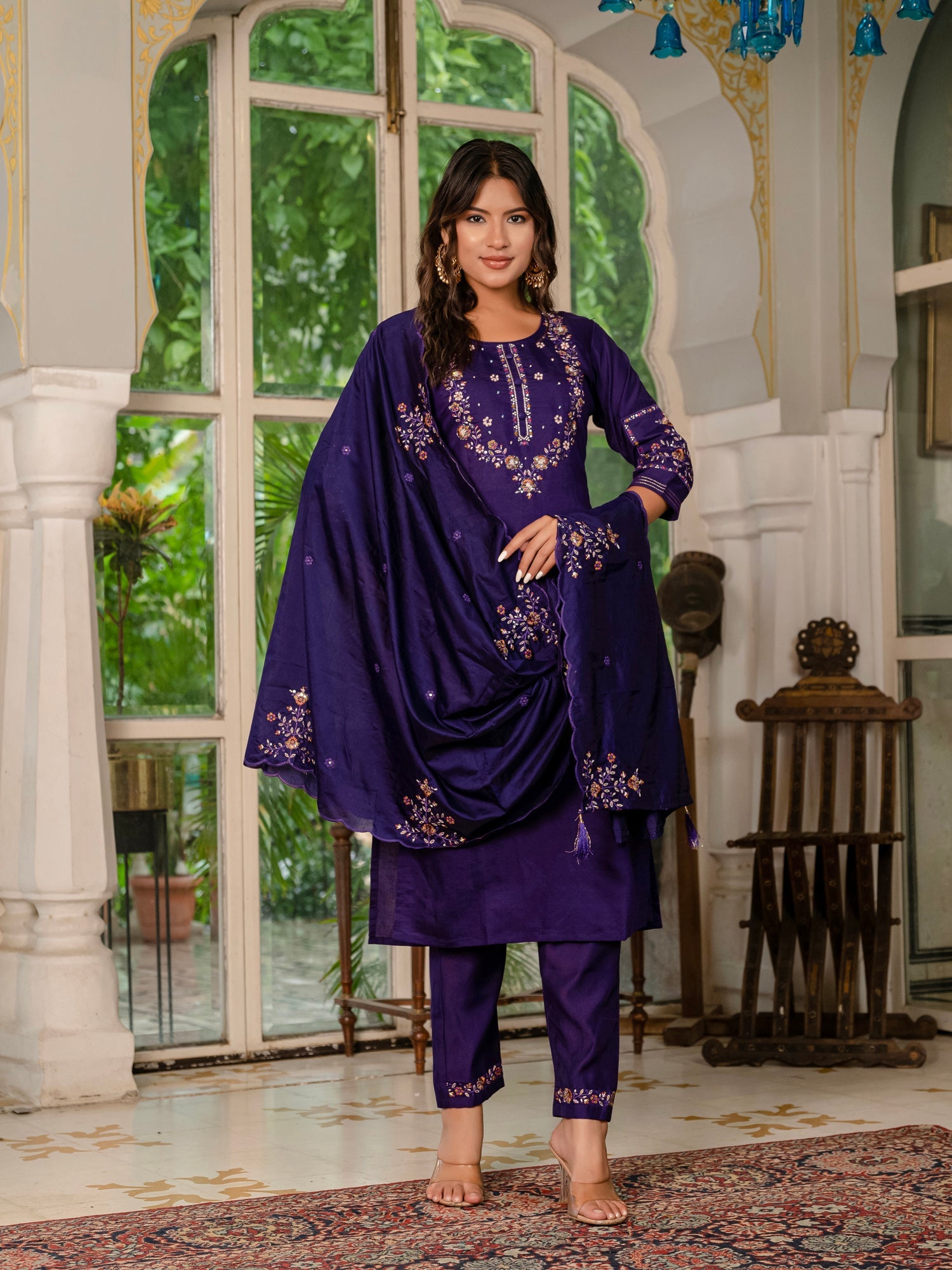 Lorenvalley Fashion Wine Marina Silk Multi Embroidery Thread,With Hand Work Kurta Pant Dupatta - Distacart