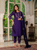 Lorenvalley Fashion Wine Marina Silk Multi Embroidery Thread,With Hand Work Kurta Pant Dupatta - Distacart