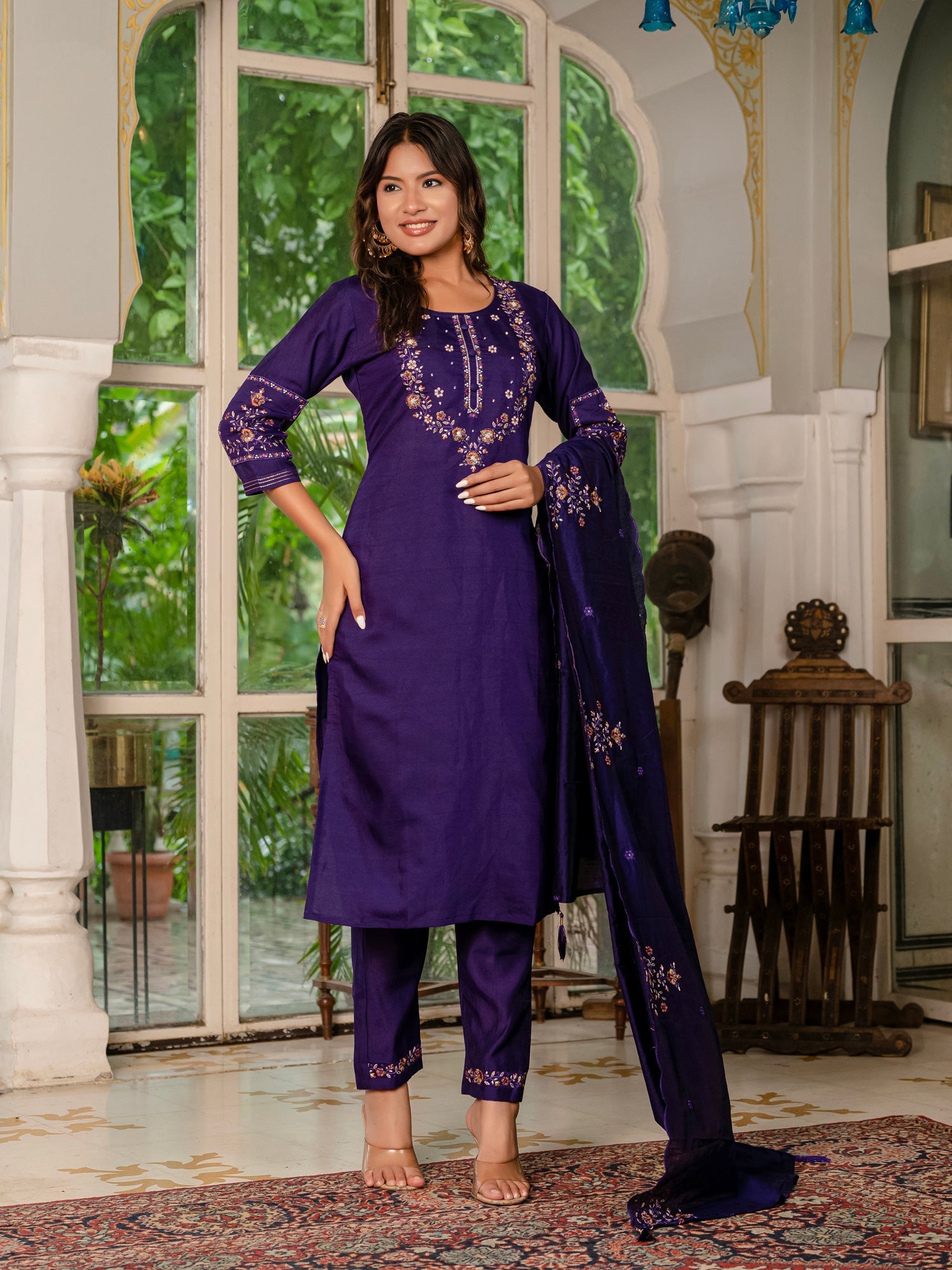 Lorenvalley Fashion Wine Marina Silk Multi Embroidery Thread,With Hand Work Kurta Pant Dupatta - Distacart